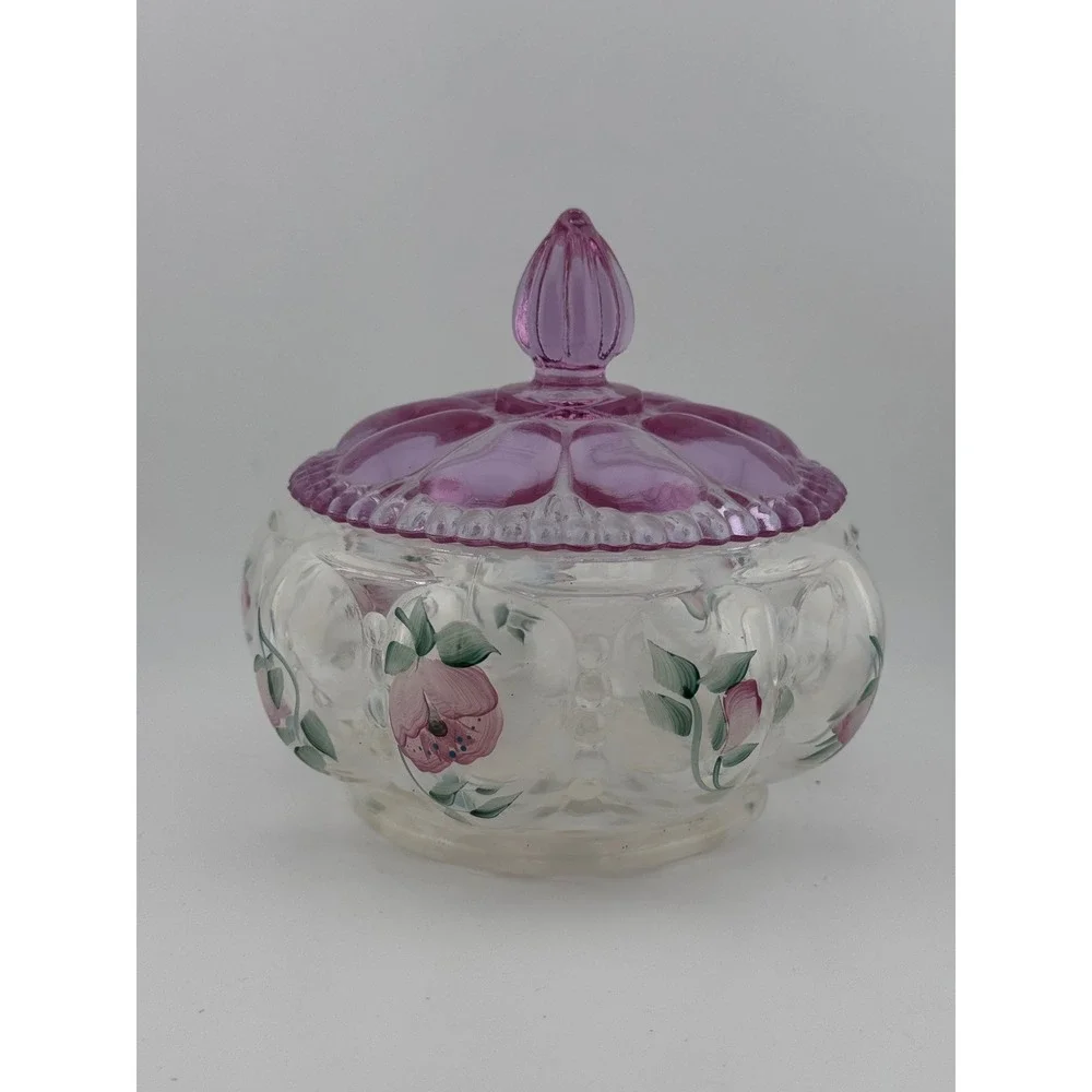 Vintage Fenton Trellis‎ Melon Hand Painted Candy Trinket Dish with Lid